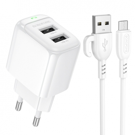 Мережевий зарядний пристрій з кабелем BOROFONE BAS41A Potential dual-port charger set(Micro) White