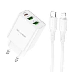 Мережевий зарядний пристрій з кабелем BOROFONE BA70A Quick three-port PD20W(1C2A) charger set(C to iP) White