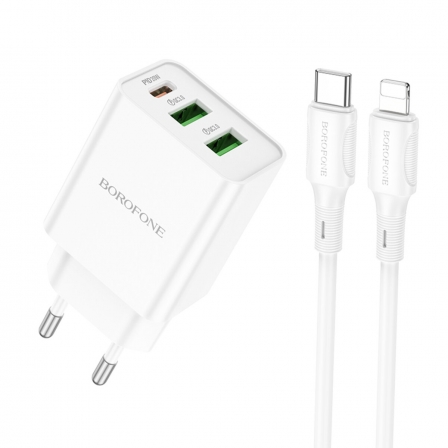 Мережевий зарядний пристрій з кабелем BOROFONE BA70A Quick three-port PD20W(1C2A) charger set(C to iP) White