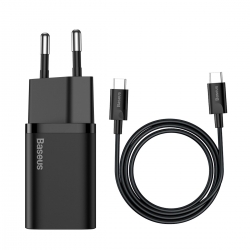 Мережевий зарядний пристрій з кабелем Baseus Super Si Quick Charger 1C 25W EU Sets Black（With Mini White Cable C to C 3A 1m Blac