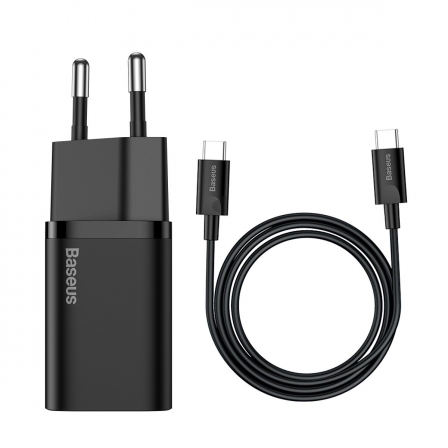 Мережевий зарядний пристрій з кабелем Baseus Super Si Quick Charger 1C 25W EU Sets Black（With Mini White Cable C to C 3A 1m Blac