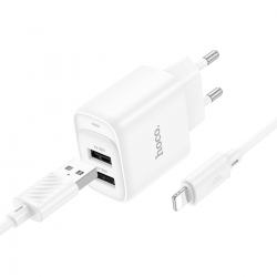 Мережевий зарядний пристрій з кабелем HOCO C141A Smart dual-port charger set(iP) White