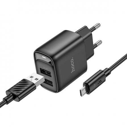 Мережевий зарядний пристрій з кабелем HOCO C141A Smart dual-port charger set(Micro) Black