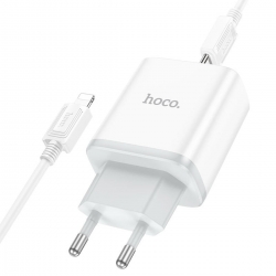 Мережевий зарядний пристрій з кабелем HOCO C105A Stage dual port PD20W+QC3.0 charger set (C to iP)(EU) White