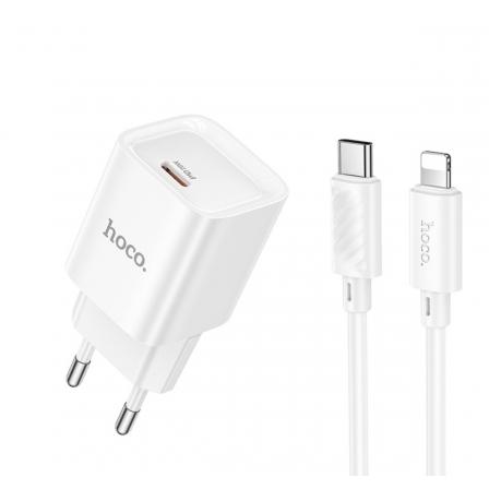 Мережевий зарядний пристрій з кабелем HOCO C146A Charm single port PD20W charger set (C to iP) (EU) White