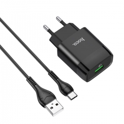 Мережевий зарядний пристрій з кабелем HOCO C72Q Glorious single port QC3.0 charger set(Type-C) 18W  Black