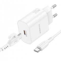 Мережевий зарядний пристрій з кабелем BOROFONE BA82A Platinum single port PD25W charger set(C to C)(EU) White
