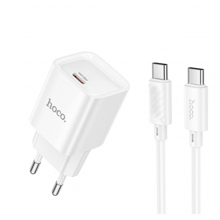 Мережевий зарядний пристрій з кабелем HOCO C146A Charm single port PD20W charger set (C to C) (EU) White