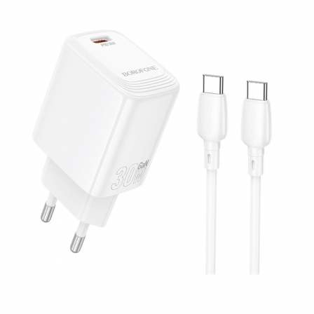 Мережевий зарядний пристрій з кабелем BOROFONE BN28 Fuente single port PD30W charger set (C to C) (EU) White