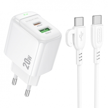 Мережевий зарядний пристрій з кабелем BOROFONE BAS44A Potential PD20W+QC3.0 charger set(C to C) White