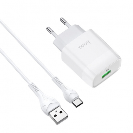 Мережевий зарядний пристрій з кабелем HOCO C72Q Glorious single port QC3.0 charger set(Type-C) 18W White