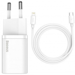Мережевий зарядний пристрій з кабелем Baseus Super Si 1C 20W With Simple Wisdom Data Cable Type-C/iP 1m White