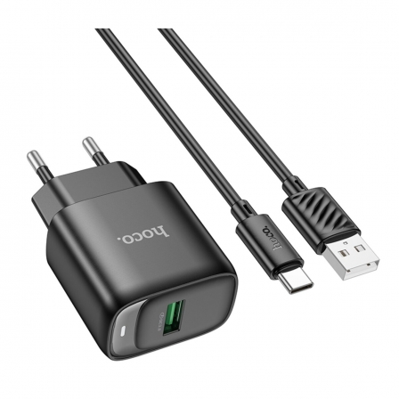 Мережевий зарядний пристрій з кабелем HOCO C140A Smart single port QC3.0 charger set(Type-C)(EU) Black