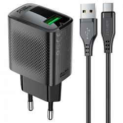 Мережевий зарядний пристрій з кабелем ACEFAST A90 QC18W GaN single USB-A charger set (P3) (EU) Black
