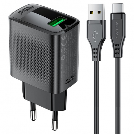 Мережевий зарядний пристрій з кабелем ACEFAST A90 QC18W GaN single USB-A charger set (P3) (EU) Black