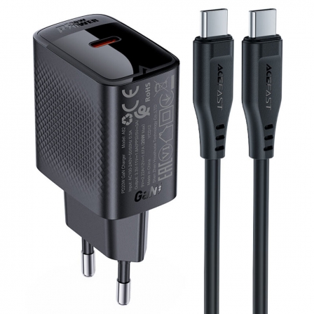 Мережевий зарядний пристрій з кабелем ACEFAST A82 PD20W GaN single USB-C charger set (P5) (EU) Black