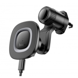 Автотримач для телефона з БЗП HOCO HW30 Crown magnetic wireless charging car holder (air outlet) Black Metal Gray