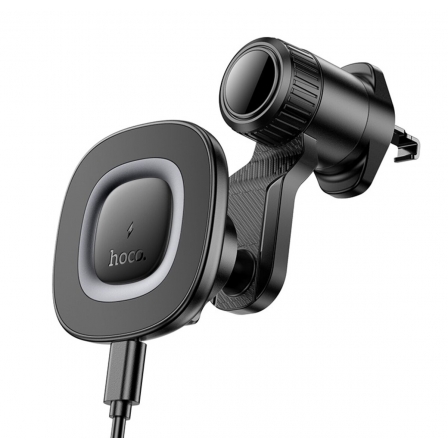 Автотримач для телефона з БЗП HOCO HW30 Crown magnetic wireless charging car holder (air outlet) Black Metal Gray