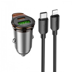 Автомобільний зарядний пристрій HOCO NZ16A Rigorous 43W dual port PD25W+QC3.0 car charger set(C to iP) Metal Grey