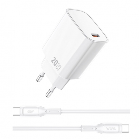 Мережевий зарядний пристрій з кабелем WIWU 20W Essen GaN Fast Charger+ Cable Combo Wi-G007 C-C EU White