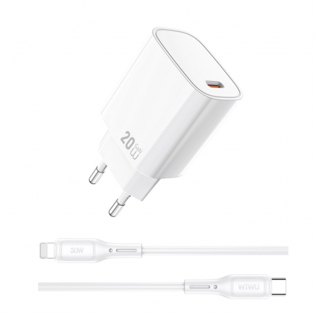 Мережевий зарядний пристрій з кабелем WIWU 20W Essen GaN Fast Charger+ Cable Combo Wi-G007 C-L EU White
