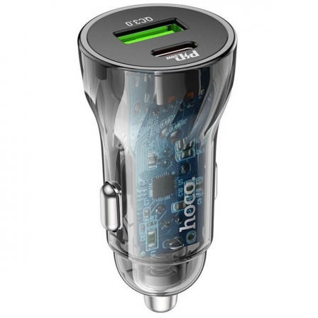 Автомобільний зарядний пристрій HOCO Z47A Transparent Discovery Edition dual port PD30W+QC3.0 car charger Transparent Black