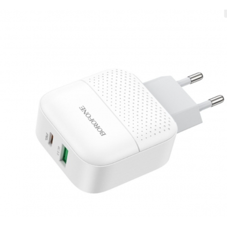Мережевий зарядний пристрій BOROFONE BA46A Premium PD + QC3.0 with USB-A and USB-C out 3A White