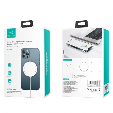 

БЗП Usams US-CD155 Super-thin Magnetic Fast Wireless Charger for iP 12 Series 15W White