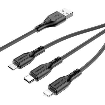 

Кабель BOROFONE BX66 USB to iP+Type-C+Micro 2A,1m, silicone, silicone connectors, Black