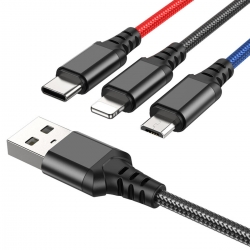 Кабель HOCO X76 USB to iP+Type-C+Micro 2A, 1m, nylon, aluminum connectors Black+Red+Blue
