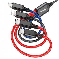Кабель HOCO X76 USB to iP+Type-C+Type-C+Micro 2A, 1m, nylon, aluminum connectors Black+Red+Blue