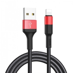 Кабель HOCO X26 USB to iP 2A, 18W 1m, nylon,  aluminum connectors, Black+Red