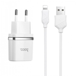 Мережевий зарядний пристрій HOCO C12 Smart dual USB (iP cable)charger set White
