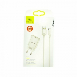 МЗП Usams T21 Charger kit T18 single USB EU charger +Uturn Type-C cable White