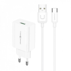 МЗП Usams T48 Travel Charger Kit 18W (T22 Single USB QC3.0 Charger EU+Uturn Type-C Cable 1M) White