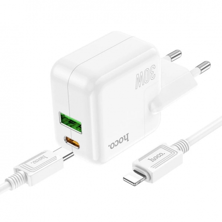 

Мережевий зарядний пристрій HOCO C111A Lucky dual-port PD30W+QC3.0 charger set(C to iP) White