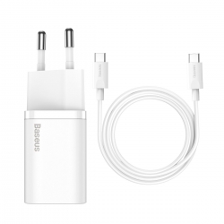 МЗП Baseus Super Si Quick Charger 1C 25W EU Sets White（With Mini White Cable Type-C to Type-C 3A 1m White）