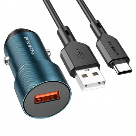 Автомобільний зарядний пристрій BOROFONE BZ19A Wisdom single port QC3.0 car charger set(Type-C) Sapphire Blue