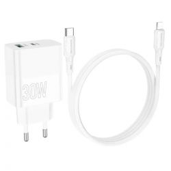 Мережевий зарядний пристрій BOROFONE BA75A Powerful dual port PD30W+QC3.0 charger set(C to iP) White