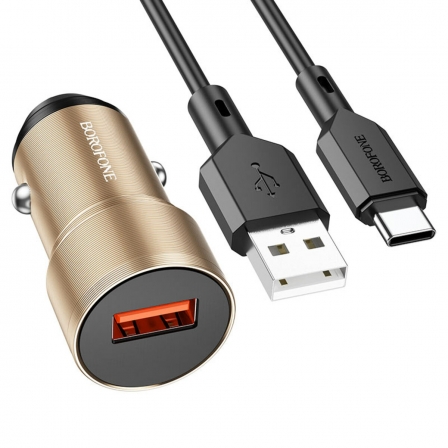 Автомобільний зарядний пристрій BOROFONE BZ19A Wisdom single port QC3.0 car charger set(Type-C) Gold