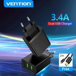 Зарядний пристрій Vention Two-Port USB(A+A) Wall Charger (18W/18W) EU-Plug Black (FBAB0-EU)