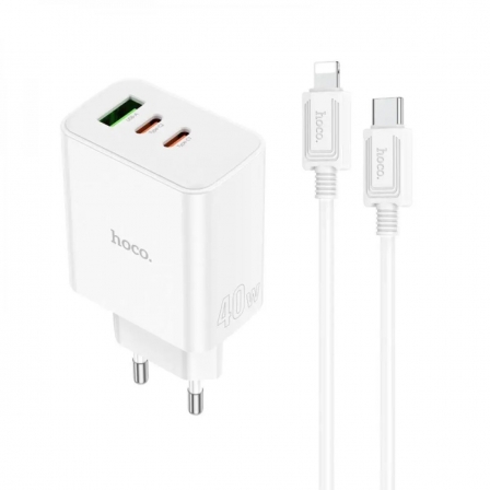 Мережевий зарядний пристрій HOCO C126A Pure power PD40W three-port(2C1A) charger set(C to iP) White