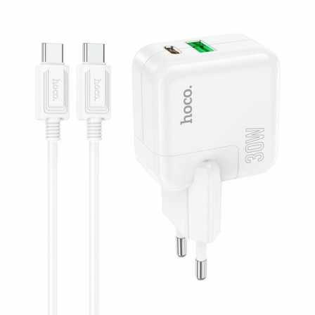 Мережевий зарядний пристрій HOCO C111A Lucky dual-port PD30W+QC3.0 charger set(Type-C to Type-C) White