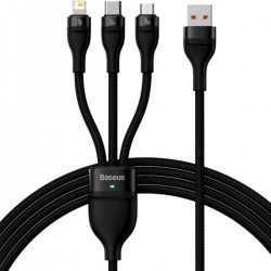 Кабель Baseus Flash Series Ⅱ One-for-three Fast Charging Data Cable USB to M+L+C 66W 1.2m Black