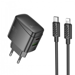 Мережевий зарядний пристрій HOCO CS61A Bright PD30W+QC3.0 charger set (C to iP)(EU) Black