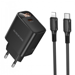 Мережевий зарядний пристрій BOROFONE BA97A Ilustre single-port PD30W charger with digital display set (C to iP) (EU) Black
