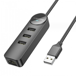 USB-Hub Borofone DH6 Erudite 4-in-1 100 Mbps Ethernet Adapter(USB to USB2.0*3+RJ45)(L1.2M) Black