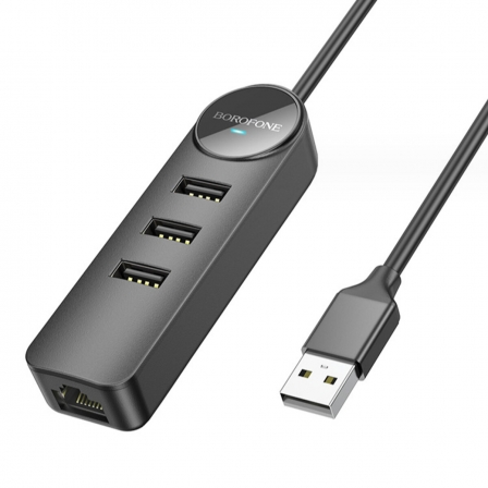 USB-Hub Borofone DH6 Erudite 4-in-1 100 Mbps Ethernet Adapter(USB to USB2.0*3+RJ45)(L1.2M) Black