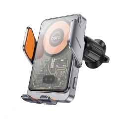 Автотримач для телефона з БЗП HOCO HW7 Transparent Discovery Edition wireless fast charging car holder(air outlet) Metal Gray